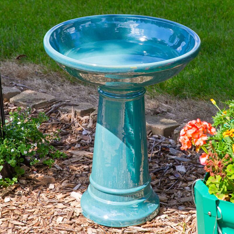 Sunnydaze Calais Glazed Ceramic Bird Bath - Jade Green - 25" H