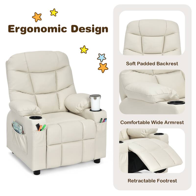 Costway Kids Youth Recliner Chair PU Leather w/Cup Holders & Side