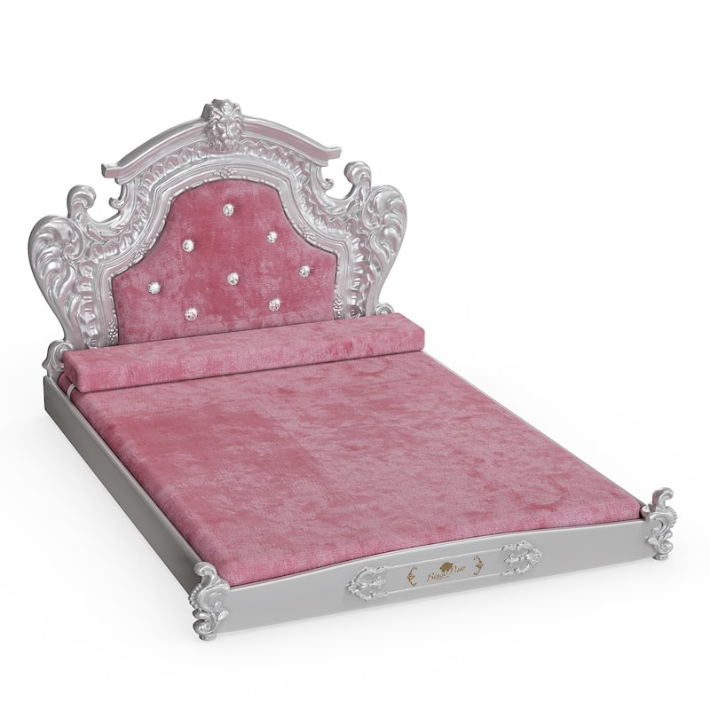 Silver Baroque Soft Velvet Cover Dog Bed Pet Sofa Furniture With Tufted Headboard Diamonds Decor