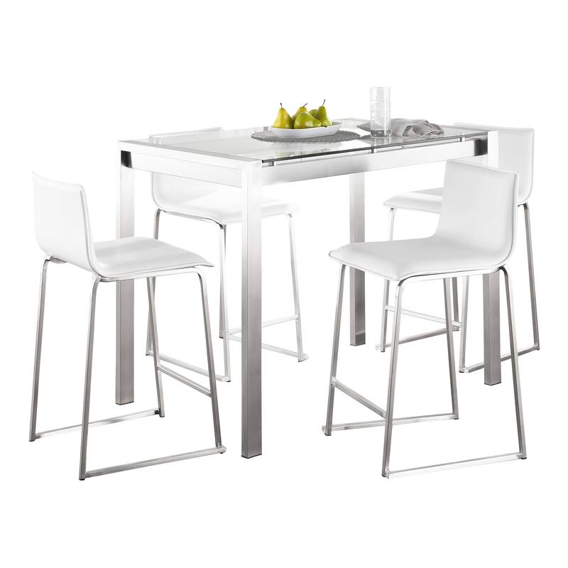 Strick & Bolton Forrest Mara Upholstered 5-Piece Counter Height Dining Set - White Faux Leather/Clear Glass Top