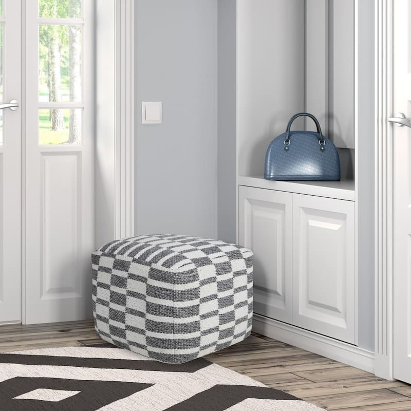 18" White and Gray Checkered Square Pouf Ottoman
