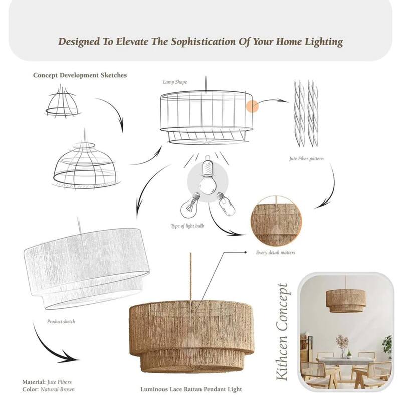 Luminous Rattan Pendant Light - Natural Drum Handwoven Light Fixture For Modern, Transitional, Farmhouse, Boho Room Décor.