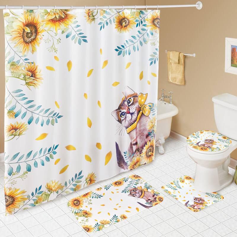 12-Piece Sunflower and Greenery Cat Bathroom Set - 71.65 x 0.01 x 71.65 - White - 71.65 x 0.01 x 71.65