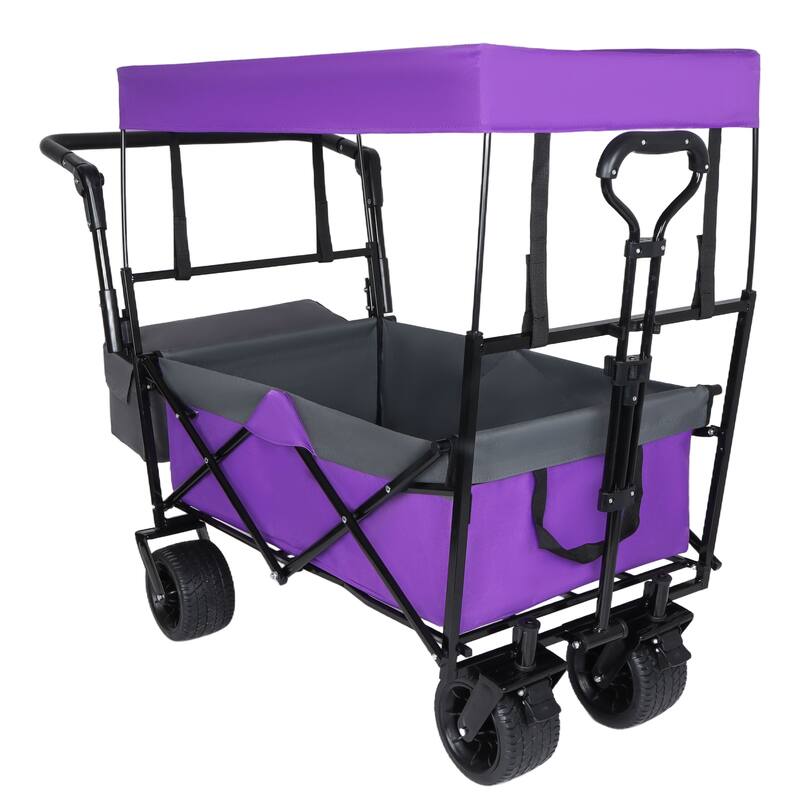 With Push Handle, 480Lbs Collapsible Wagon with Canopy, Wagon cart with 7" All-Terrain Wheels, Lightweight Foldable Wagon