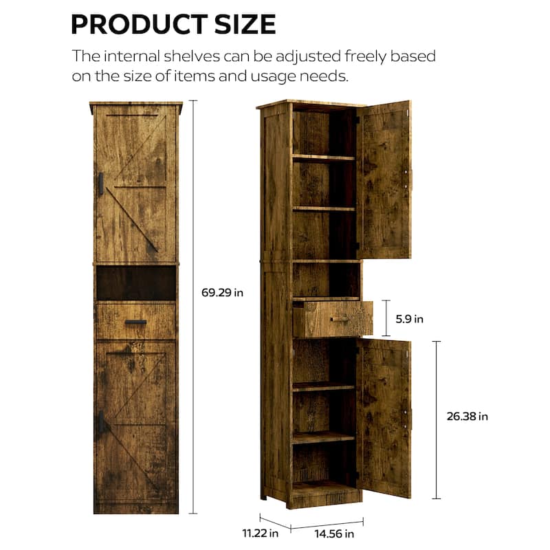 69"H Tall Bathroom Cabinet with Adjustable Shelves, 2 Barn Doors & 1 Drawer