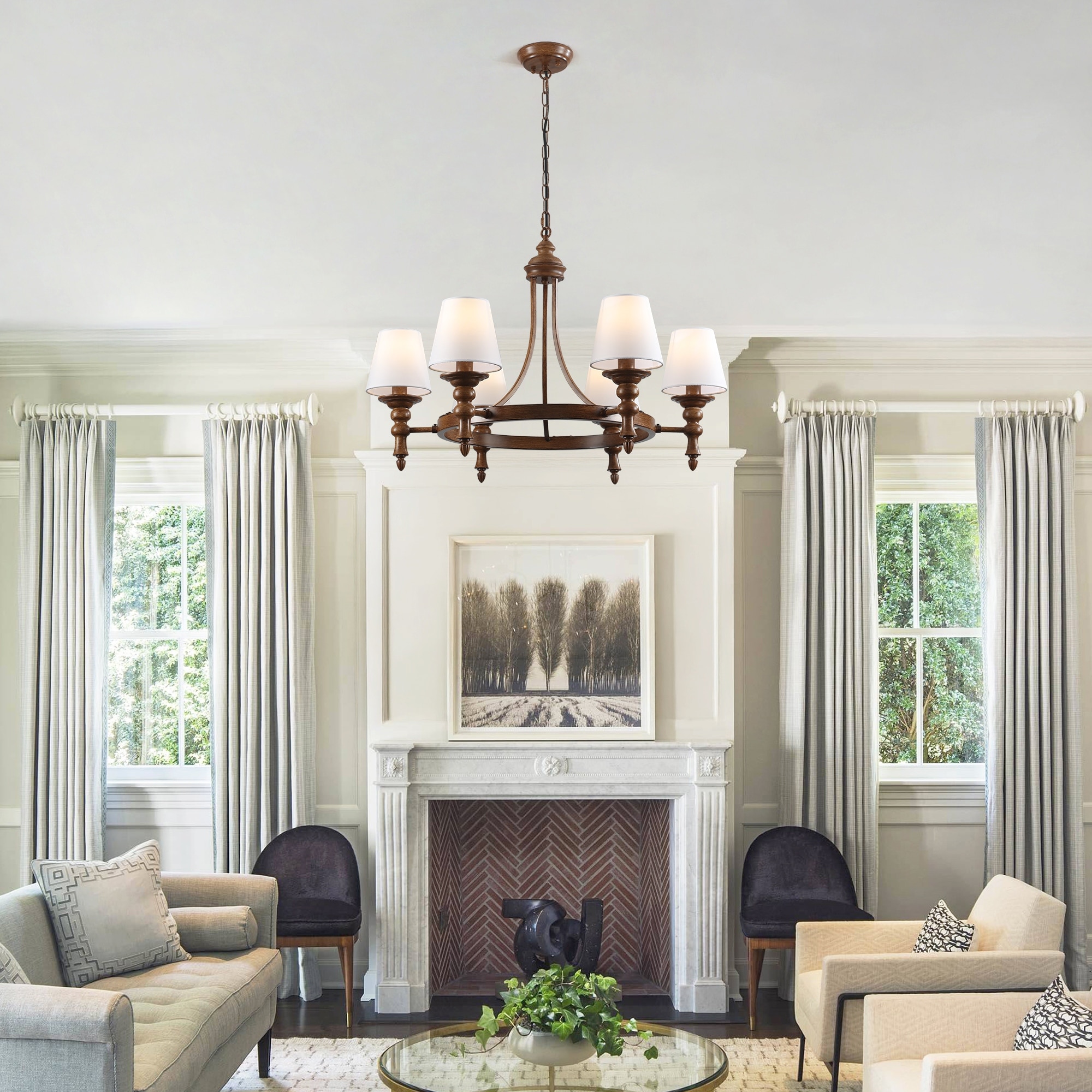 6-Light Mid Century Modern Wood Brass Dimmable Chandelier with Linen Fabric Bell Shades for Dining Room