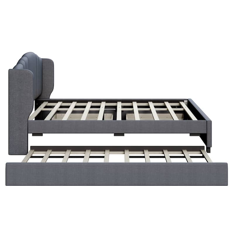Queen Size Upholstered Bed Frame with Wingback Headboard Trundle and 2 Drawers, Center Support Legs Platform Bed Frame