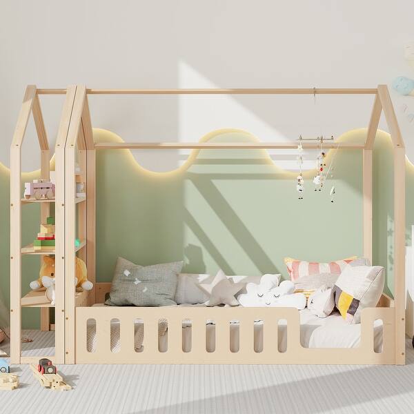 dimension image slide 3 of 4, Modern Wood House Bed, with Fence and Detachable and Movable Storage Shelves