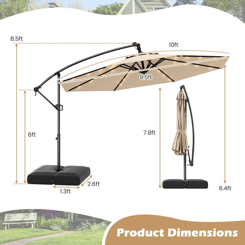 Gymax 10 FT Solar Offset Hanging Umbrella Patio Cantilever Umbrella w/