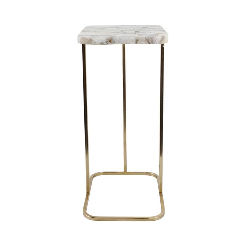 Modern Small Accent Table -Stone Top and Iron Base - 24", Gold & White - 24.0"