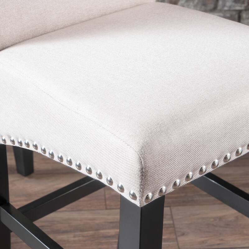 25" Contemporary Upholstered Counter Stools with Nailhead Trim (Set of 2), Wheat/Matte Black, Fabric