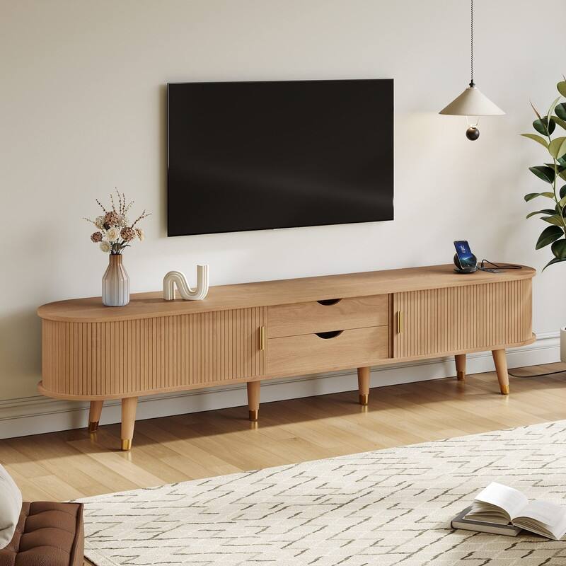 Mid-Century Modern Fluted TV Stand with Charging Station and Ample Storage for TVs Up to 80" - Natural