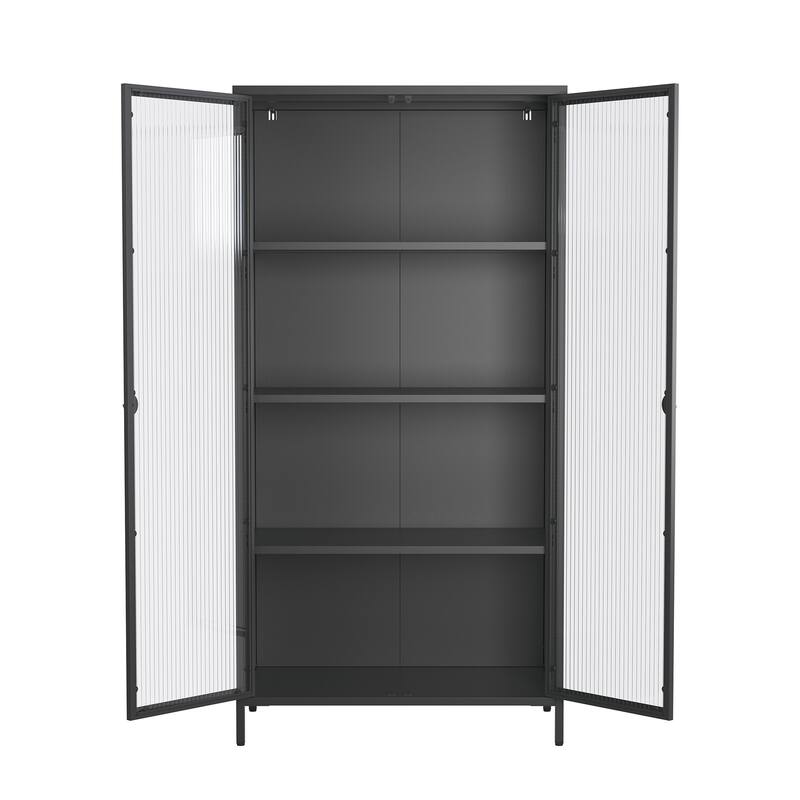 Benoite 63.05-inch Black Two Door Metal Storage Cabinet with Fluted Clear Doors and Gold Handles - 63.05