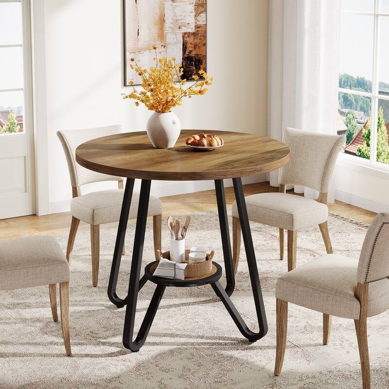 31.5" Round Dining Table with Shelves Small Kitchen Table - Brown