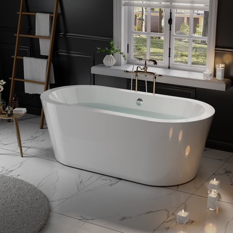 Empava 59 in. x 31.5 in. Freestanding Flat Bottom Bath Tub Oval Soaking Bathtub with Center Drain in White