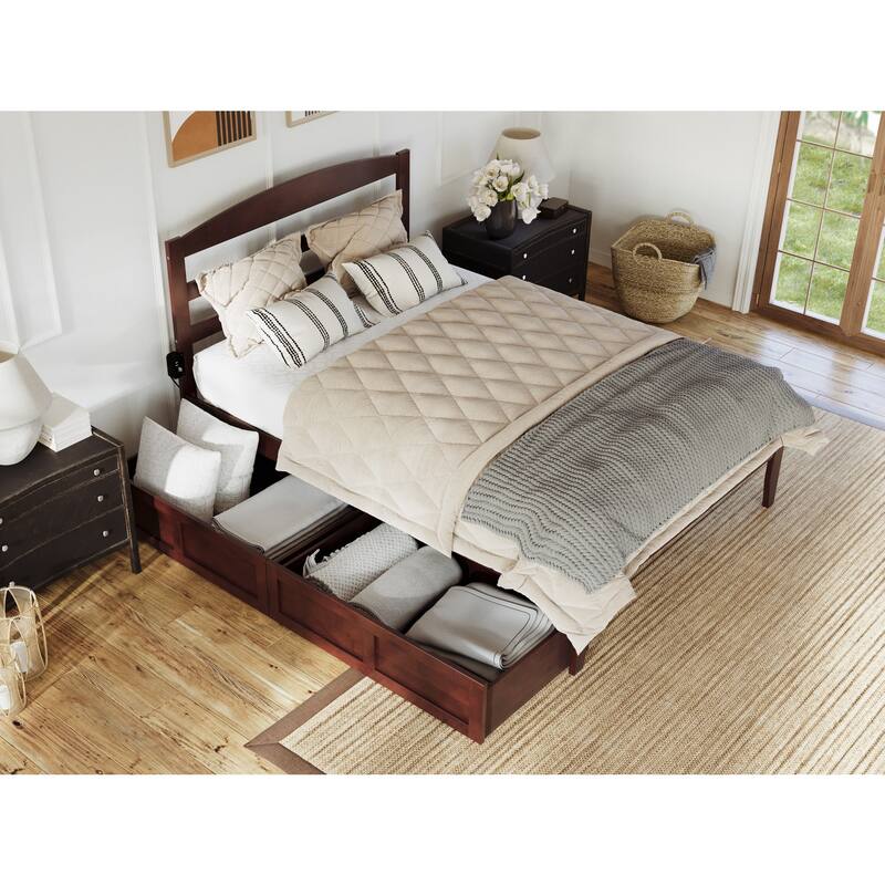 Platform Bed with Drawers, Full Size Bed Frame, Solid Wood & Veneer, Walnut Finish, Modern Bedroom Furniture