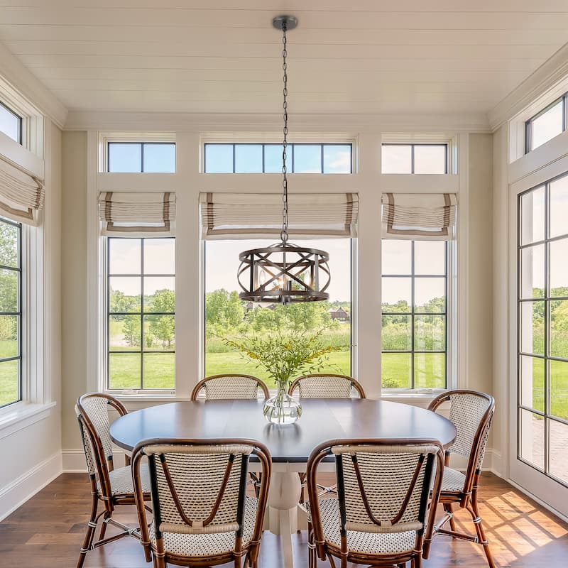 Modern Farmhouse 4-Light Drum Chandelier Wood Grain Lights for Dining Room - D15.5" x H76"