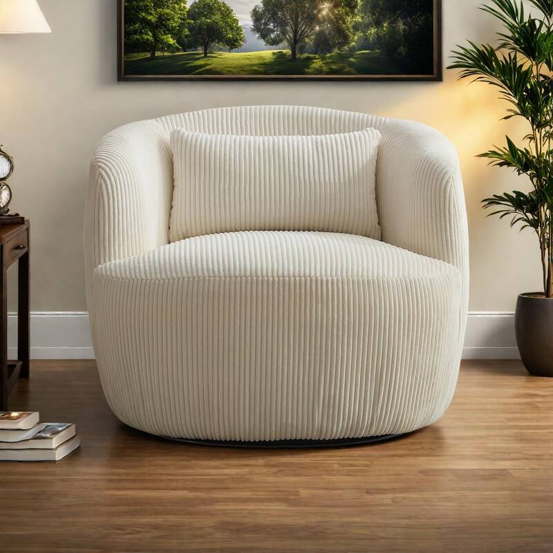 Corduroy 360° Swivel Barrel Chair with Metal Base, High-Density Foam Cushion, and Included Pillow - Ivory