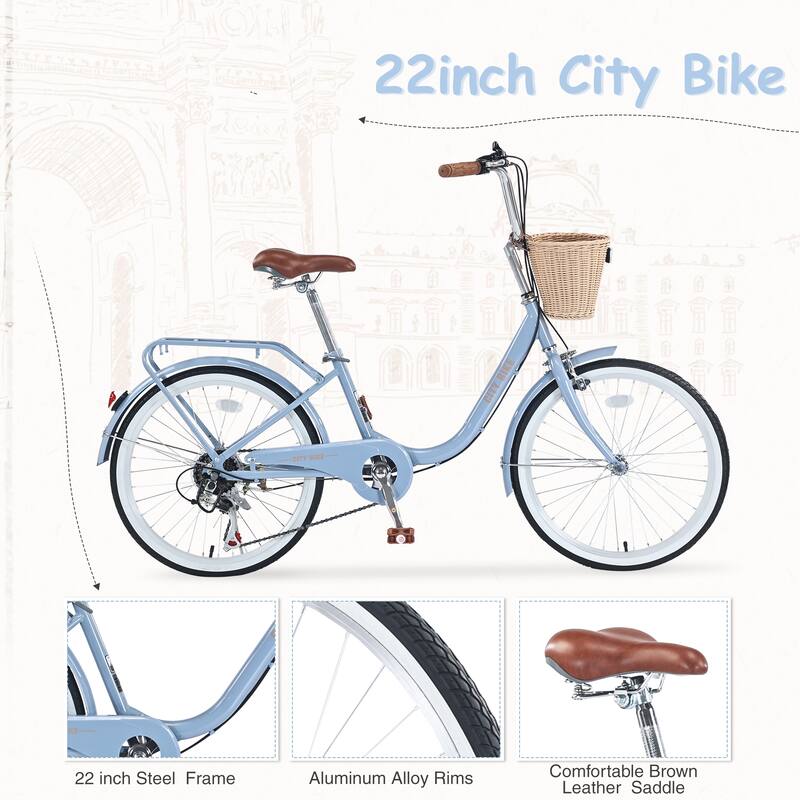 7 Speed Comfort City Bike, 22 Inch Road Cycling Bicycle with Leather Saddle and Basket, Steel Frame for Kids and Teens