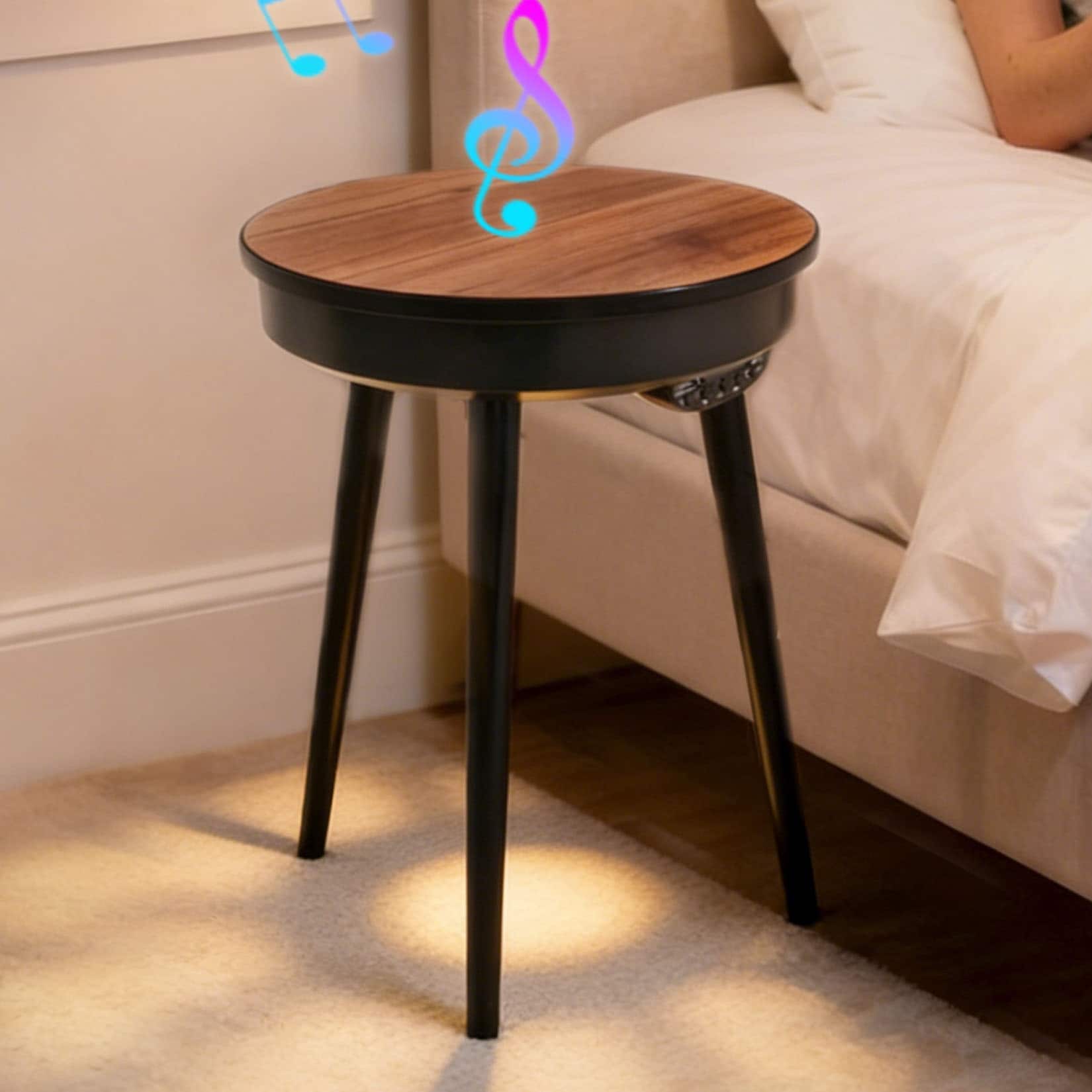 Smart End Table with Bluetooth Speaker, USB Ports and Lights, Round Side Table