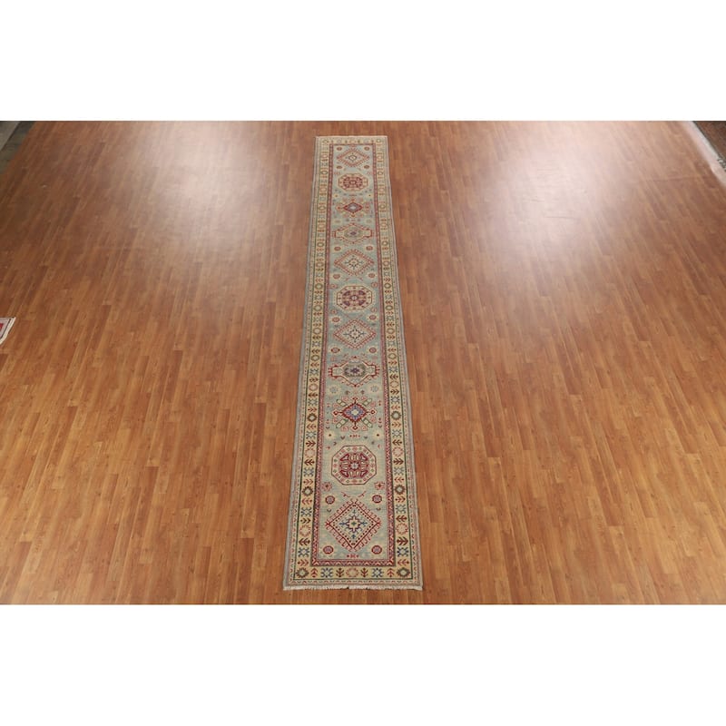 Light Blue Kazak Runner Rug Handmade Oriental Wool Carpet - 2'6" x 15'0"