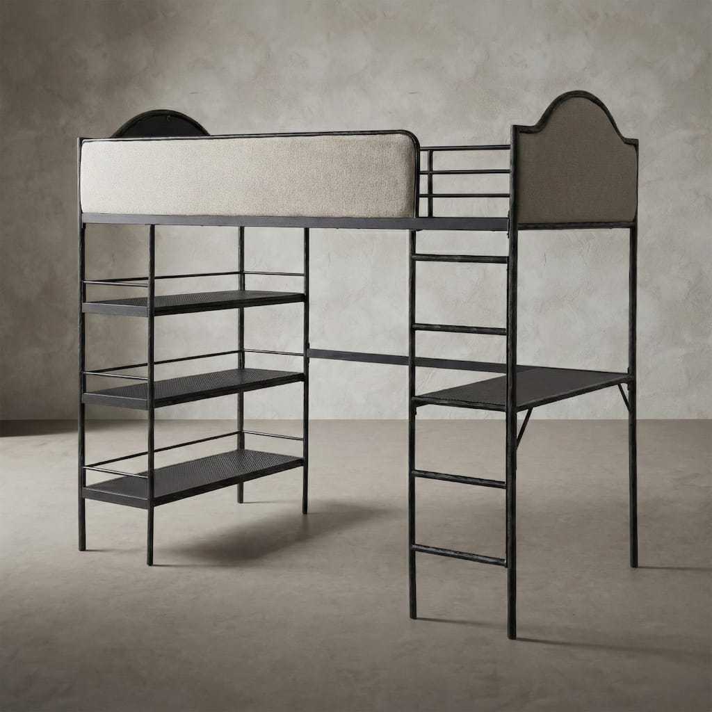Furniture of America Orven Modern Black Metal Twin Loft Bed with Desk and Shelves
