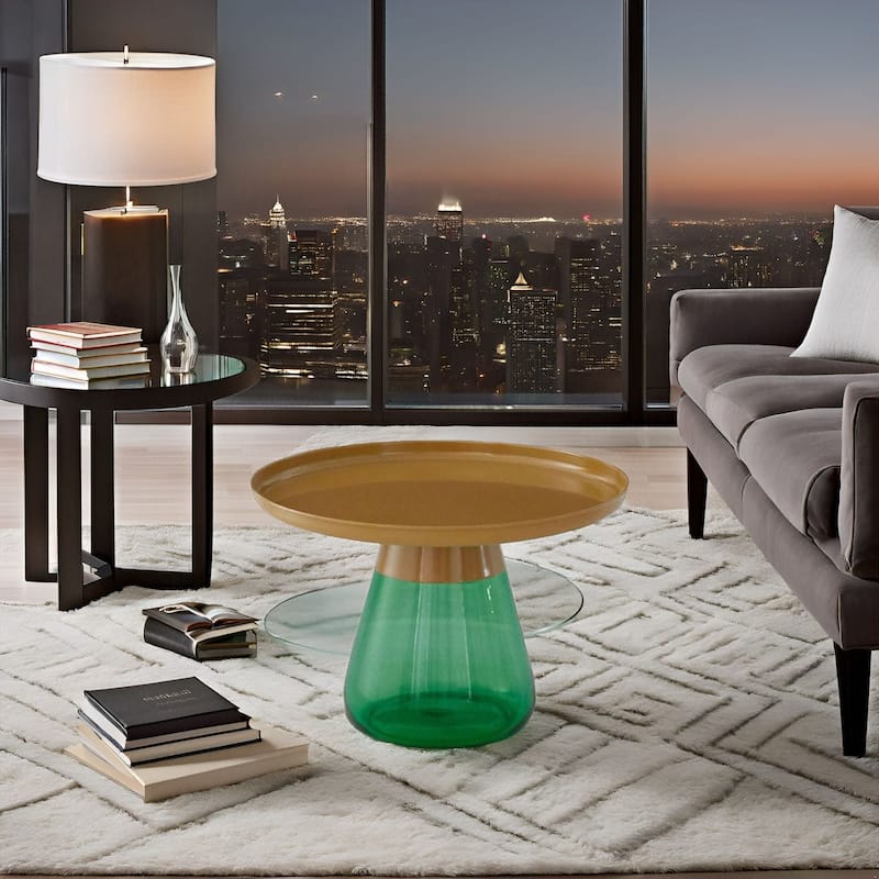 Matte Gold Titanium Coffee Table with Emerald Green Glass Base 24x17