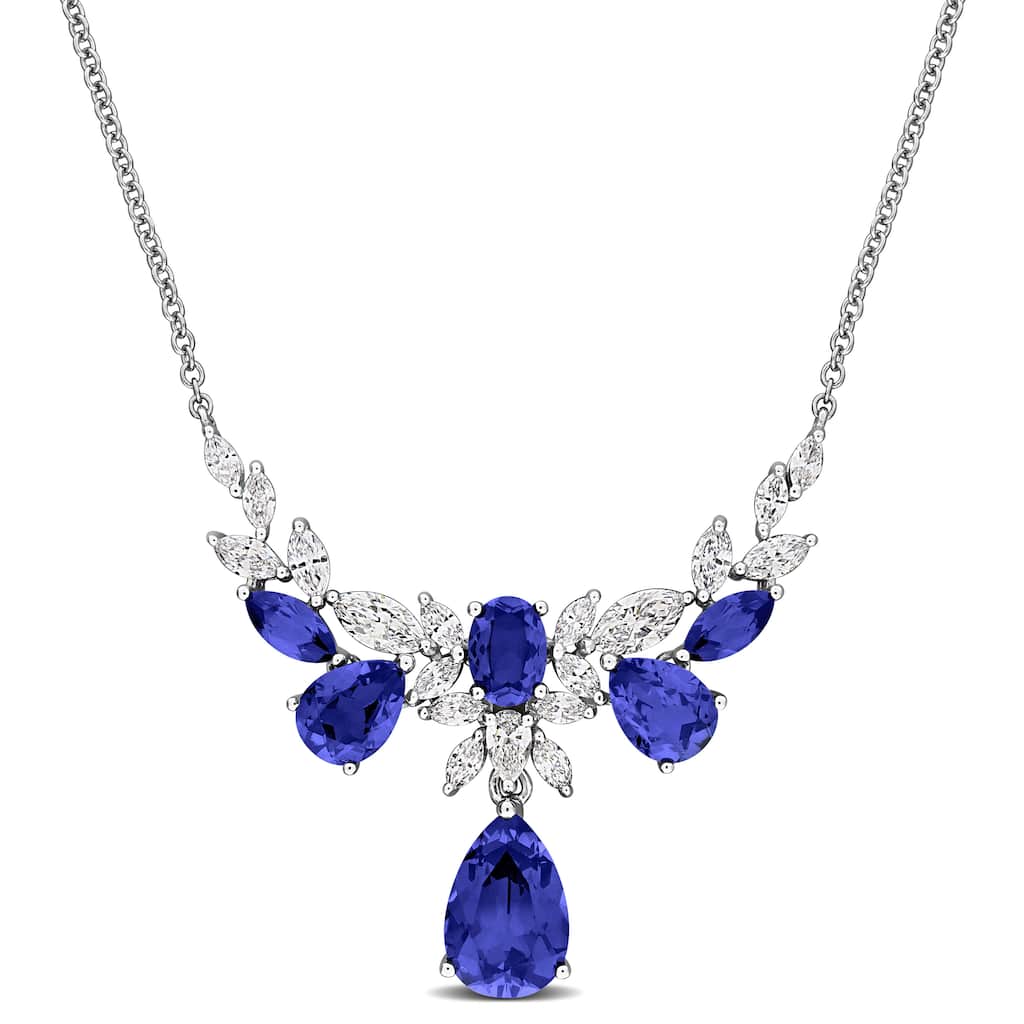 Miadora 8 5/8ct TGW Created Blue Sapphire and 2ct TW Lab-Grown Diamond Necklace 14k White Gold