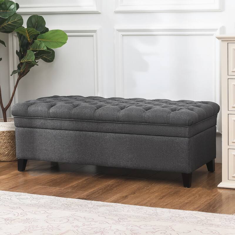 Adeco Linen Rectangle Storage Ottoman for Living Room Bedroom - Dark Grey