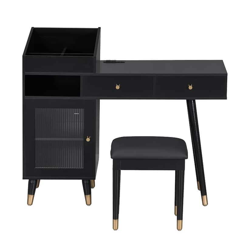 Makeup Vanity Desk with Charging Port, Compact Dressing Table with Drawers, Cabinet and Stool - Black