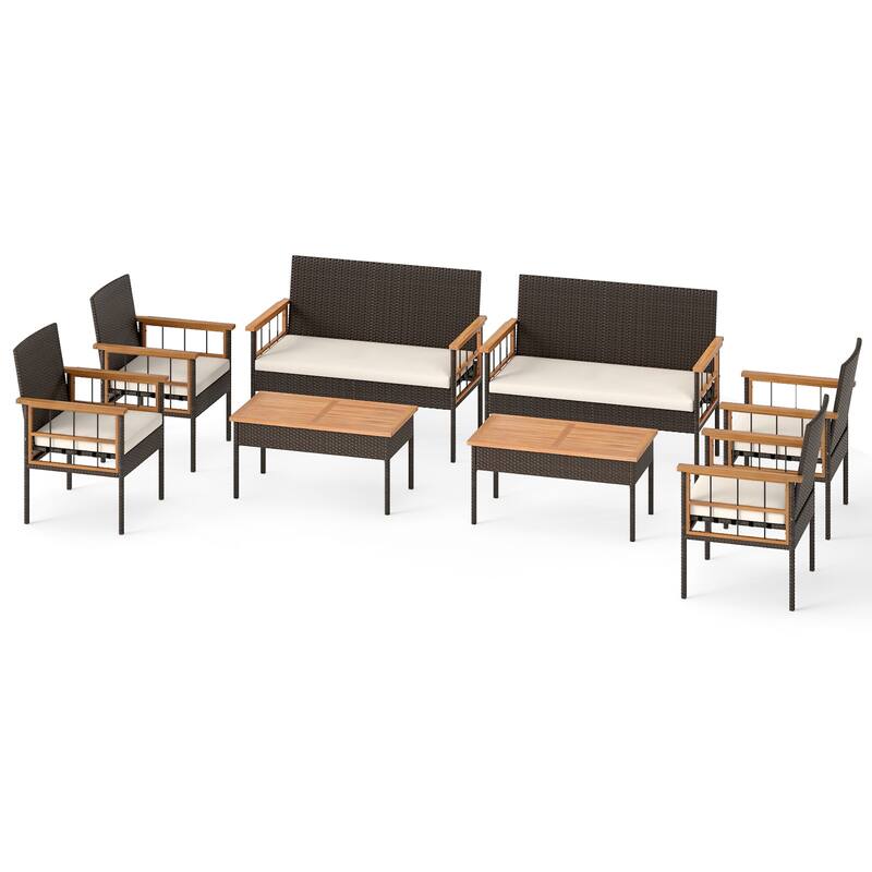 Gymax Set of 8 Wicker Furniture Set w/Acacia Wood Tabletop Armrests
