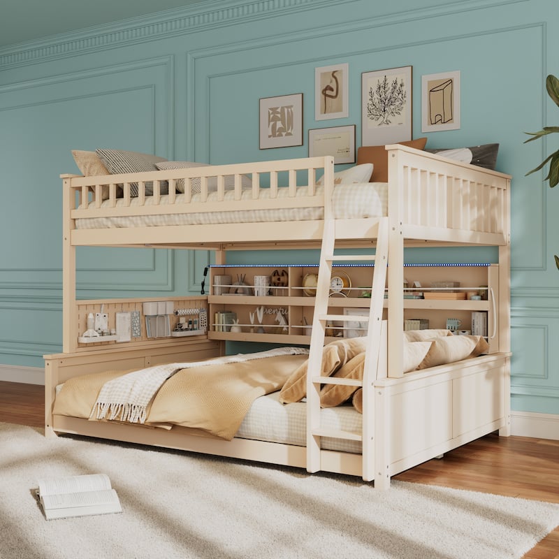 Kids Bunk Bed Frame with Integrated Shelving, Light Strip and Pegboard, Convertible into Floor Platform Bed and Low Loft Bed - Full XL over Queen-Beige - Queen