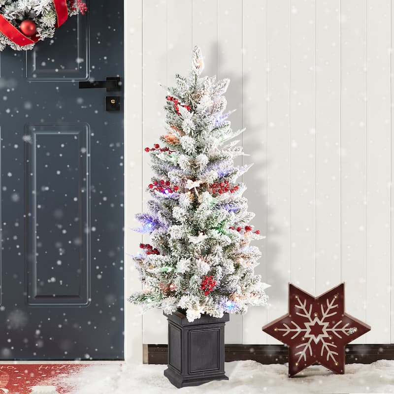 Glitzhome 4ft Pre-Lit Flocked Artificial Christmas Porch Tree with and Red Berries and 60 Warm White/Multi-color Lights - Single
