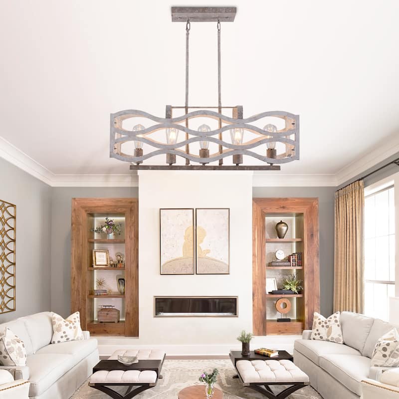 CurveCurio Rustic Wood Chandelier, 5 Lights, White Distressed Fixture for Bedroom and Living Room
