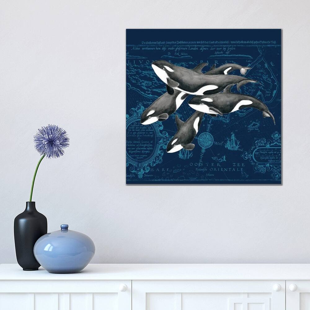 iCanvas "Orca Whale Pod Vintage Map Indigo" by Seven Sirens Studios Canvas Print