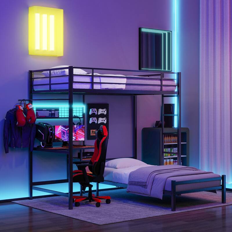 Bunk Bed, Twin Over Twin with L-Shaped Desk, Storage Shelves & Drawers, Safety Guardrail & Ladder, Ambient Lighting - Black