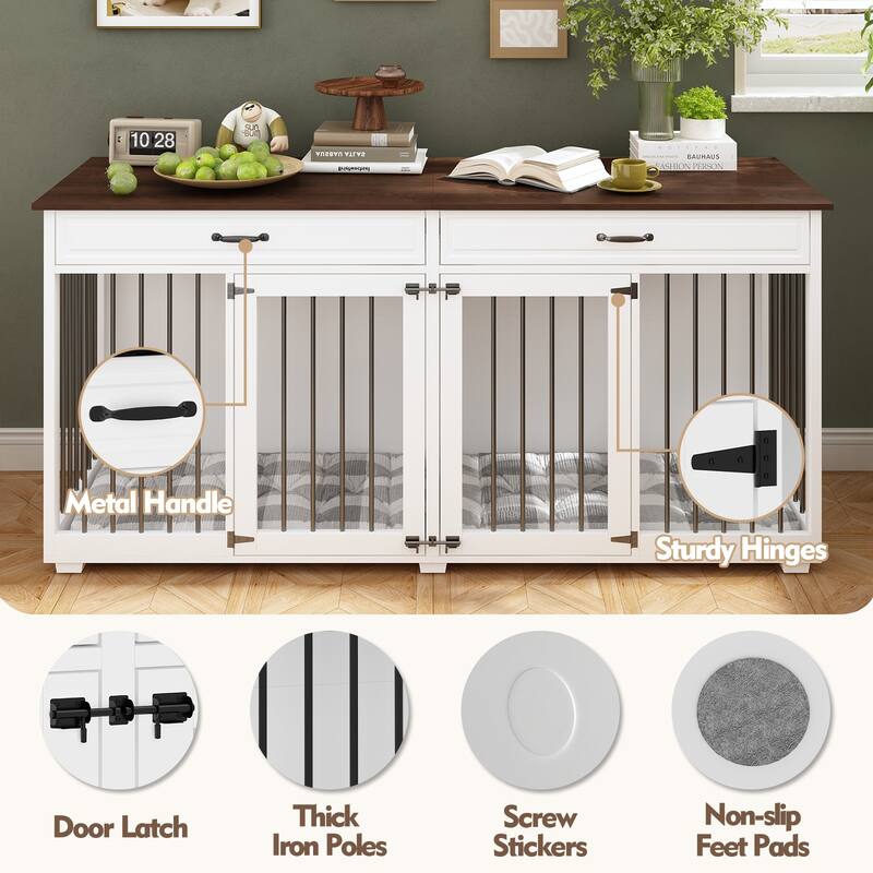 Modern Wooden Dog Crate Furniture with 2 Drawers, White and Brown