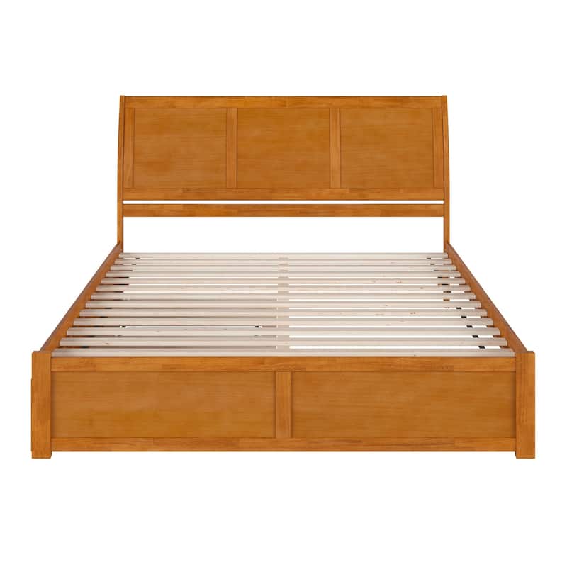 King Platform Bed with Trundle - Solid Wood Sleigh Style Bed Frame - Light Toffee Finish