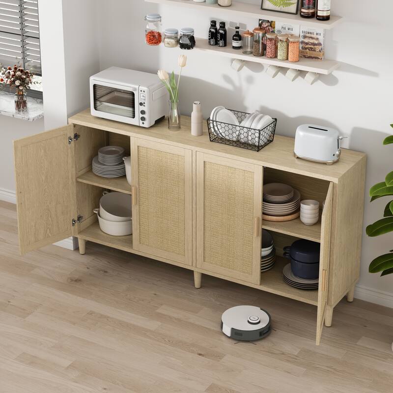 70" Rattan Buffet Cabinet with Storage, 4-Door Sideboard Buffet Cabinet with Adjustable Shelves,Easy Assembly