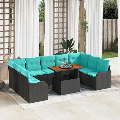 vidaXL 10 Piece Garden Sofa Set with Cushions Black Poly Rattan - 113.8×70×27.2