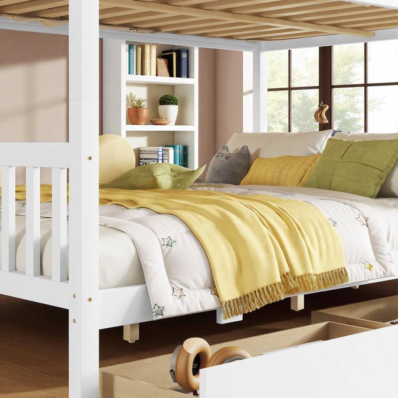 Full Over Full Rubber Wood Bunk Bed with 2 Storage Drawers, Convertible into 2 Full Beds, Ladder and Safety Guardrails