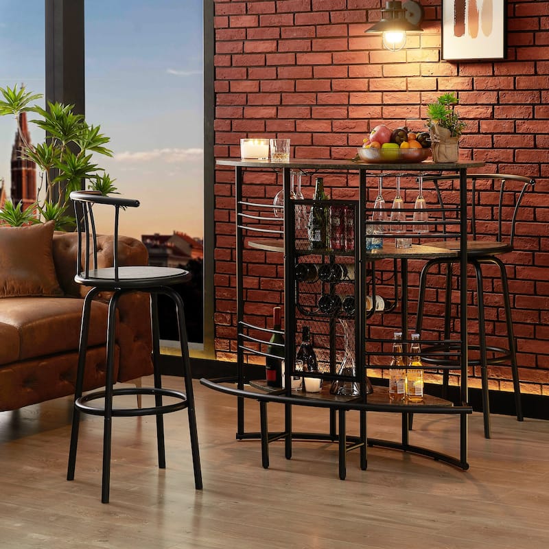 VECELO, 3-Piece Bar Table Set, Rustic Dining Room Pub Tables with Storage Shelf, 2 Back Barstools, Counter Height,