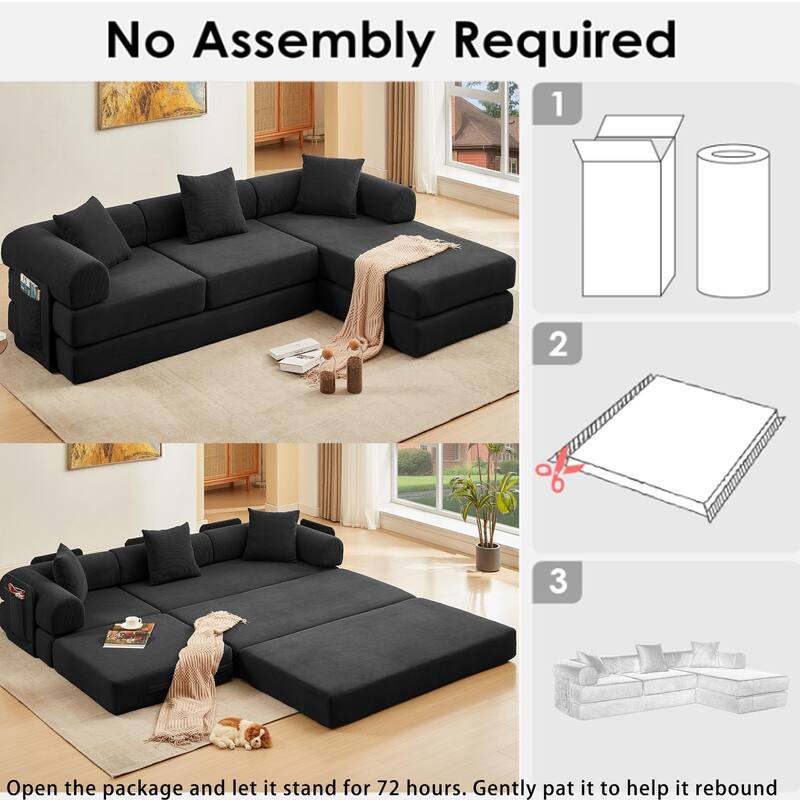 107" L-Shaped 6-in-1 Corduroy Modular Sectional Sofa, Convertible Out Sofa Bed, 4-Seat, Black