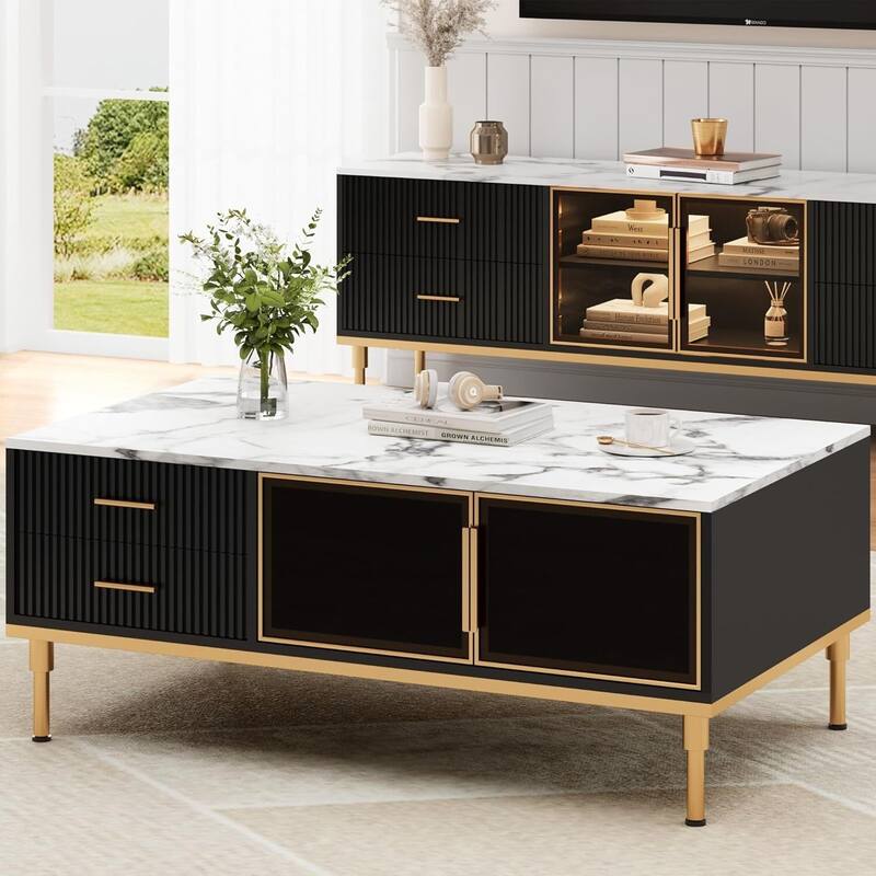 Modern Aesthetic Marble Coffee Table for Living Room with 4 Drawers - N/A