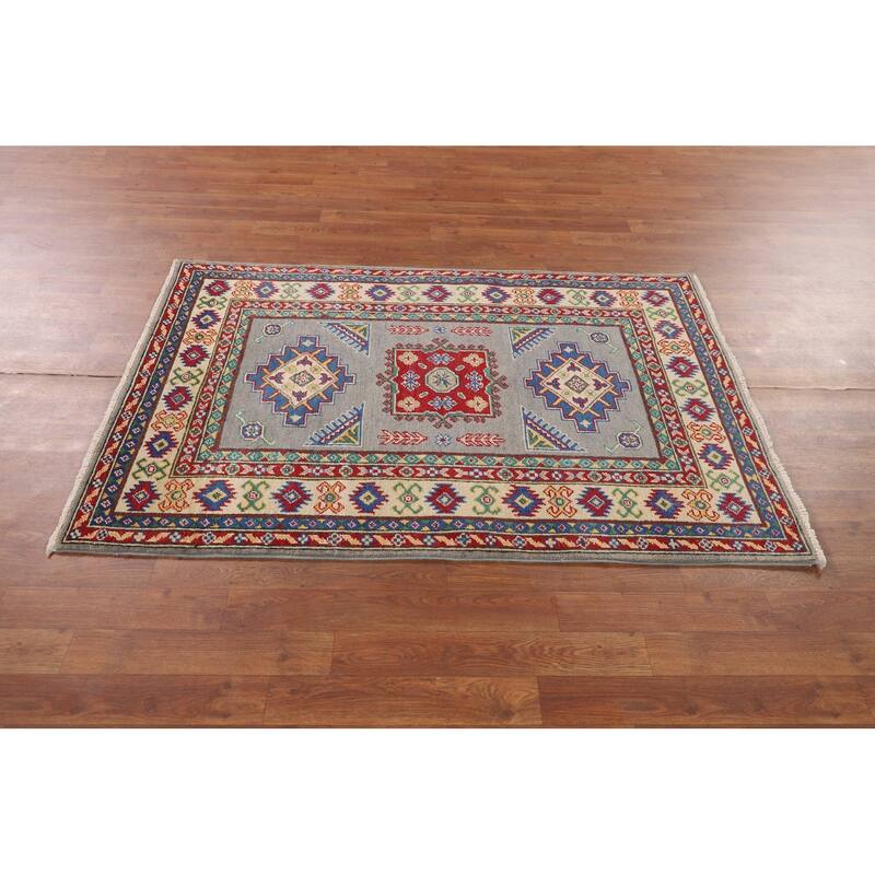 Gray Geometric Kazak Accent Rug Hand-Knotted Wool Carpet - 3'4" x 4'11"