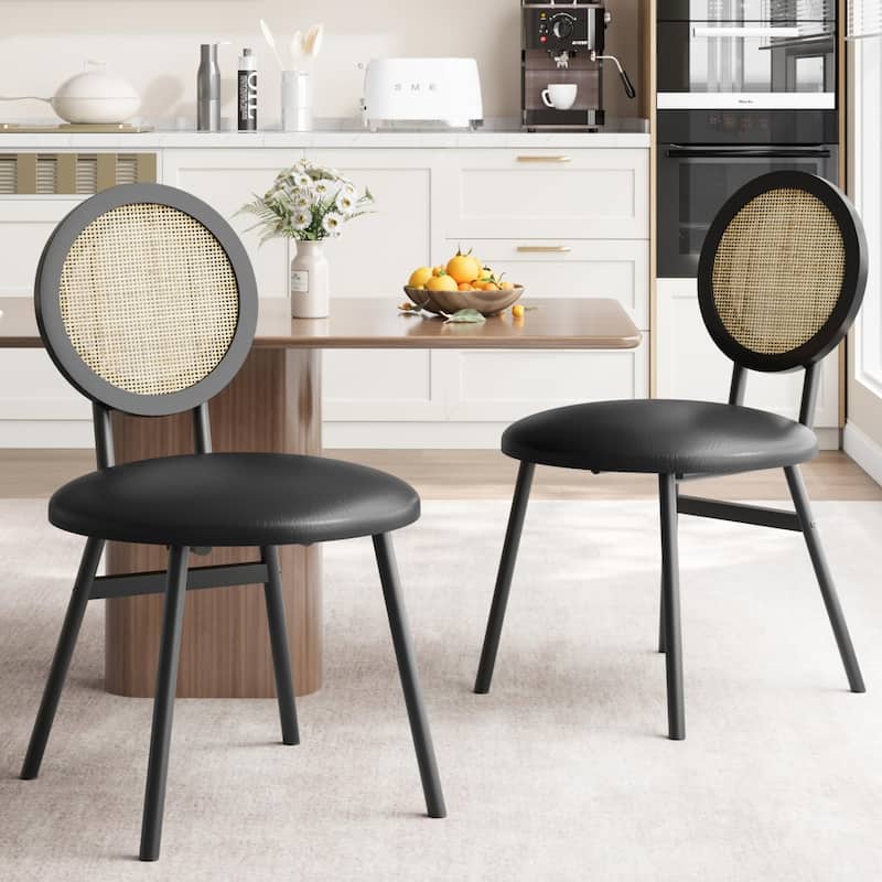 Boho Dining Chairs Set with Thicken Upholstered Natural Rattan Back