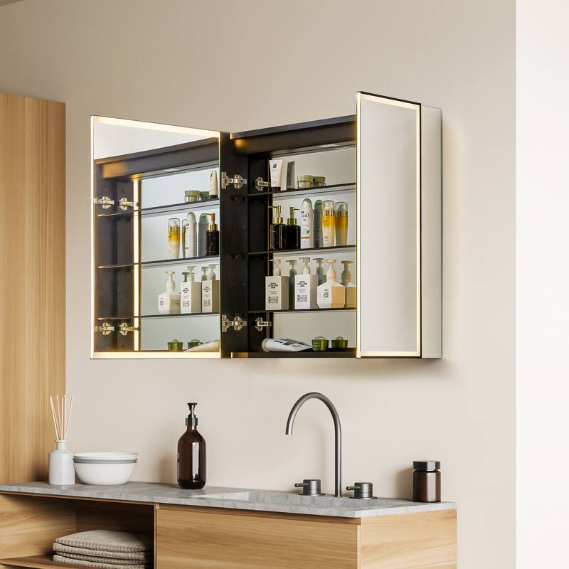 Fenice Rectangular Surface-Mount/Reccessed LED Lighted Bathroom Black Aluminum Mirror Medicine Cabinet