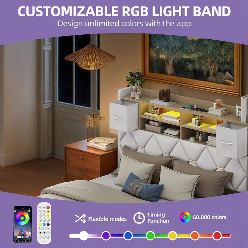 Farmhouse Bed Frame Upholstered Headboard Platform Bed with Charging Station