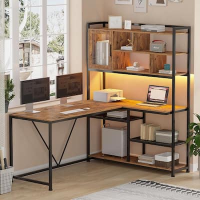 L Shaped Computer Gaming Corner Desk LED Light Storage Bookshelf
