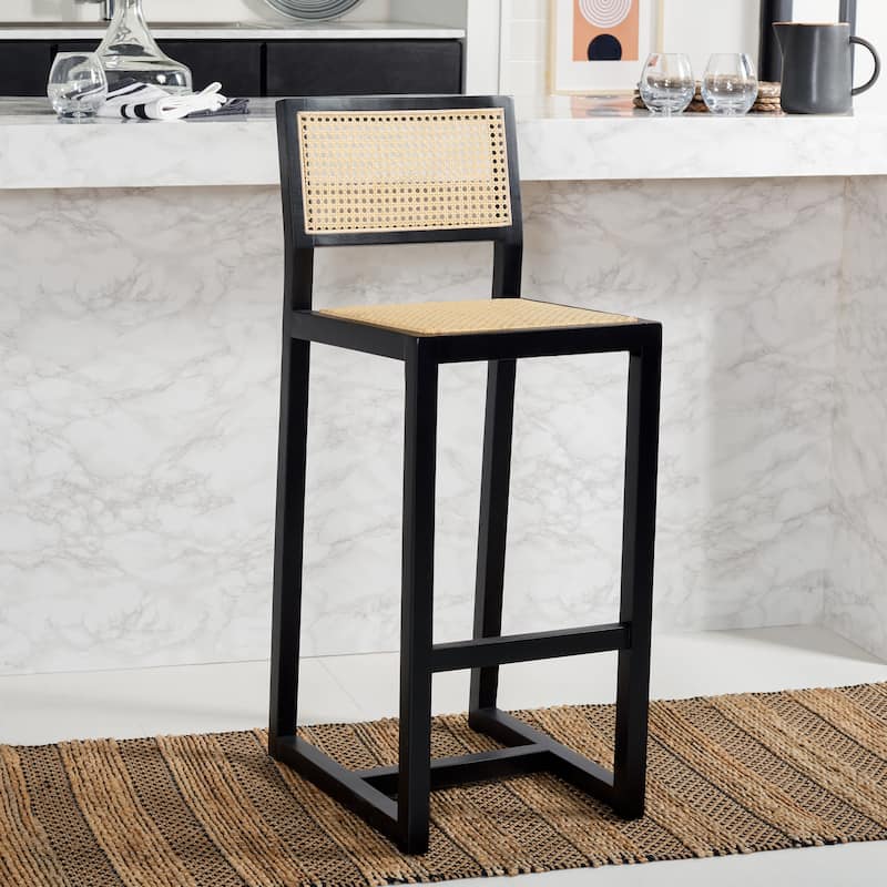 SAFAVIEH Evangeline Rattan Bar Stool - 16" W x 19" D x 41" H - 16Wx19Dx41H - Black/Natural